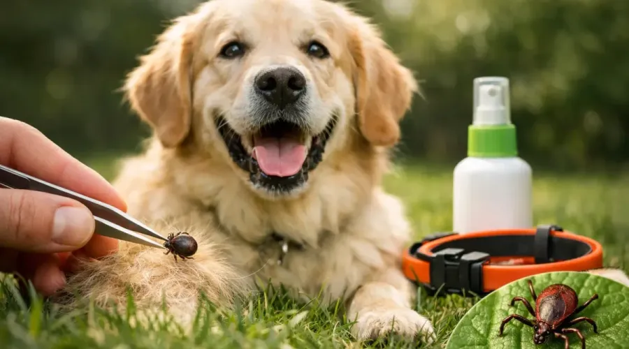 Golden Retriever mit Zecke und Zeckenschutz