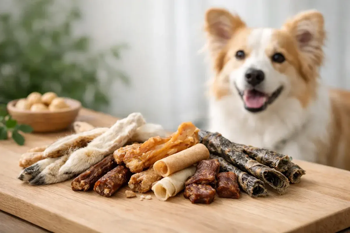 Ein glücklicher Hund freut sich auf eine bunte Auswahl an Snacks. So sieht pure Vorfreude auf die nächste Belohnung aus!