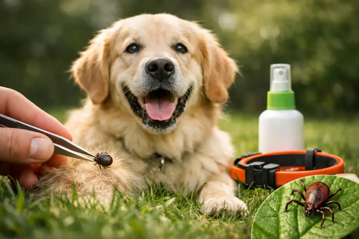 Golden Retriever mit Zecke und Zeckenschutz